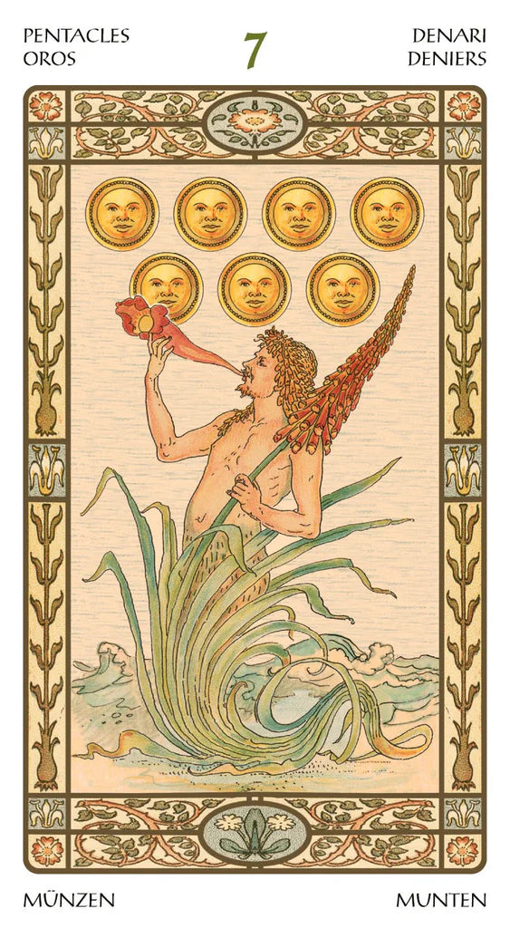 Tarot card with a figure blowing a horn, surrounded by gold circles, on a decorative border.
