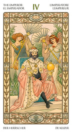 Card from a tarot deck featuring 'The Emperor' with decorative border and text.