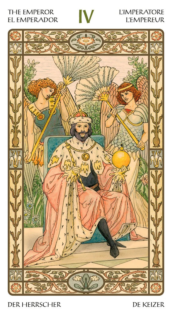 Card from a tarot deck featuring 'The Emperor' with decorative border and text.