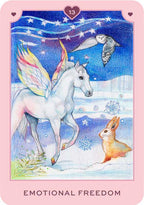 Card with a unicorn, owl, and rabbit in a snowy landscape with 'Emotional Freedom' text.