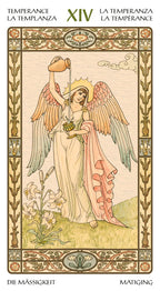 Tarot card titled 'La Temperanza' with a stylized angel holding a balance scale.
