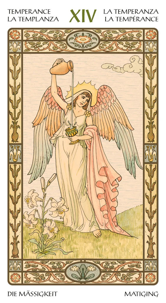 Tarot card titled 'La Temperanza' with a stylized angel holding a balance scale.
