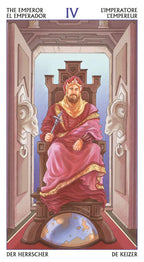 Card from a tarot deck featuring a figure in regal attire sitting on a throne.