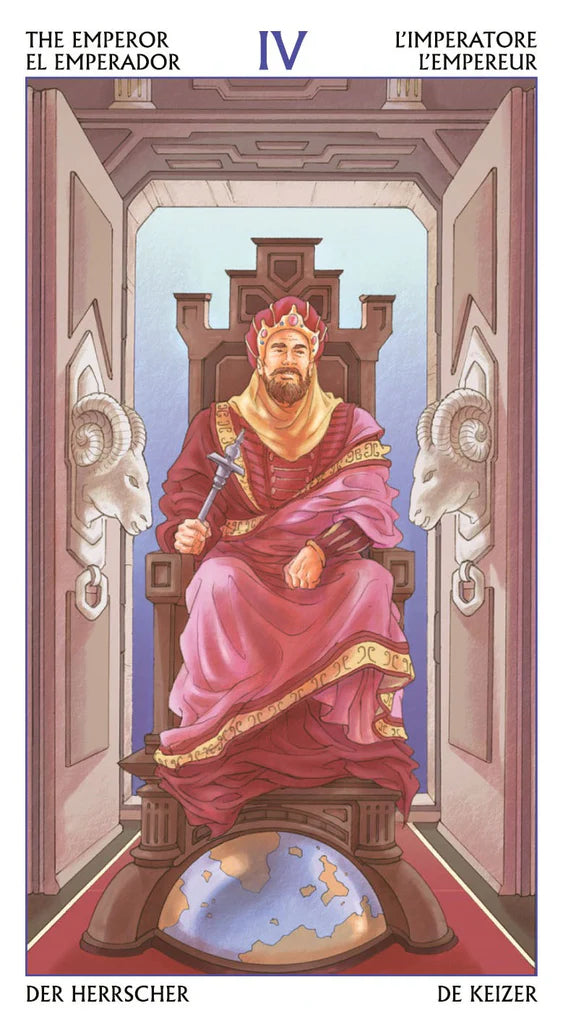 Card from a tarot deck featuring a figure in regal attire sitting on a throne.