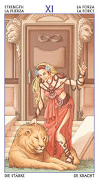 Tarot card featuring a woman with a lion in front of a door, labeled 'Strength' in multiple languages.