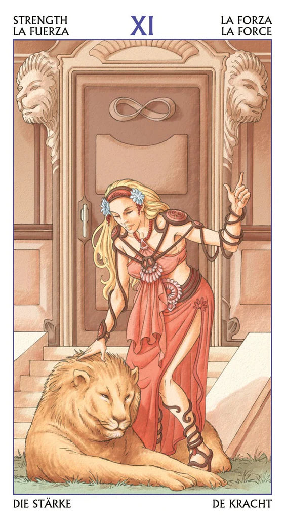 Tarot card featuring a woman with a lion in front of a door, labeled 'Strength' in multiple languages.