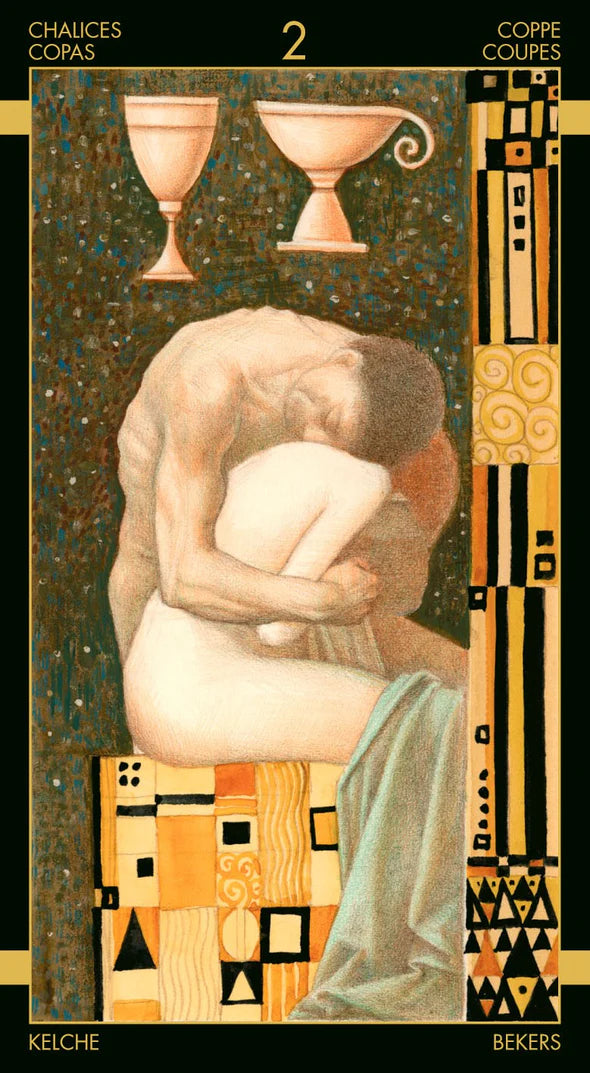 Tarot card featuring a nude figure with a draped cloth, stylized geometric patterns, and text at the top.