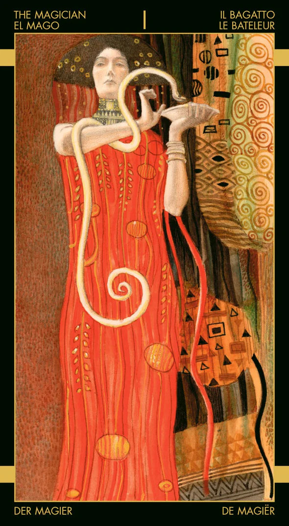 Artistic depiction of a figure in a red dress with a snake, inspired by Art Nouveau style.
