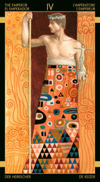 Artistic depiction of a tarot card titled 'The Emperor' with geometric patterns and a figure holding a sword.