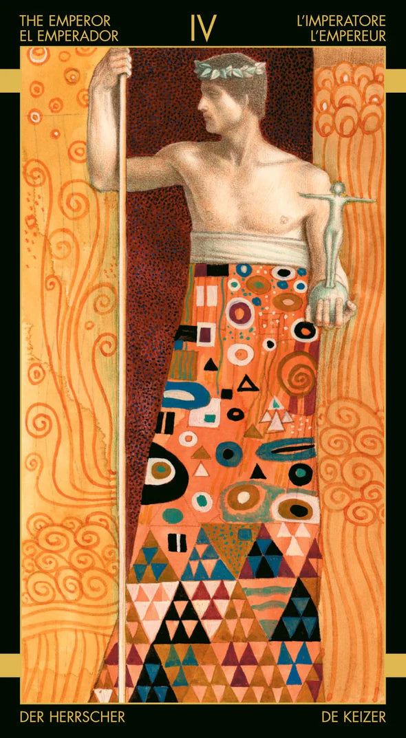 Artistic depiction of a tarot card titled 'The Emperor' with geometric patterns and a figure holding a sword.
