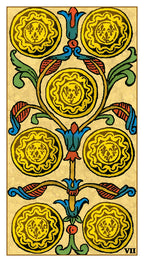 Decorative card with yellow circular patterns and blue and red accents on a beige background