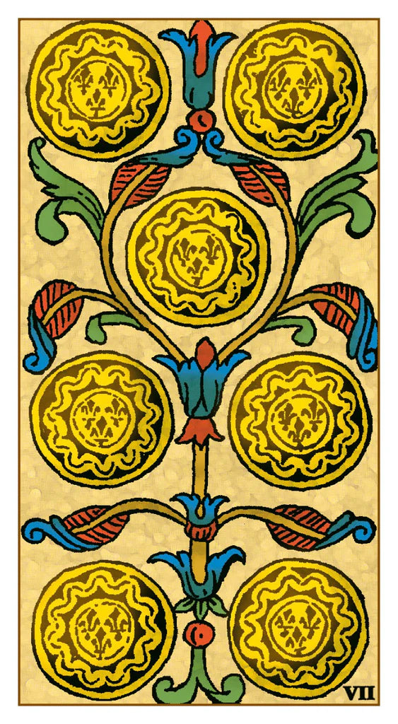Decorative card with yellow circular patterns and blue and red accents on a beige background