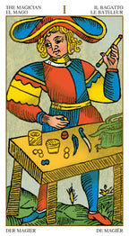 Card from a tarot deck featuring 'The Magician' with colorful attire and table.