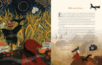 Illustrated book page with a witch in a red dress and black cat, surrounded by pumpkins and corn maze text.
