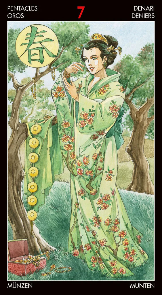Card from a tarot deck featuring a woman in a floral kimono with a tree and symbols in the background.