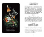 Card from a tarot deck titled 'The Magician' with illustrations and text on a black background.