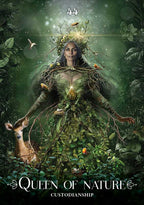 A fantasy-style illustrated cover or poster featuring a woman in a lush green forest made of leaves and vines, with a deer at her side, birds, glowing light effects, and the text '44 Queen of Nature Custodianship' at the bottom.