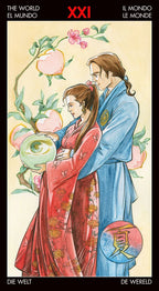 Illustration of a couple in traditional attire with flowers and a peach, surrounded by text in various languages.