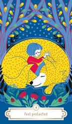 Illustration of a child hugging a large yellow creature in a forest with blue sky and birds.
