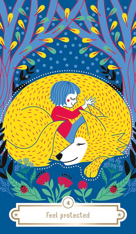 Illustration of a child hugging a large yellow creature in a forest with blue sky and birds.
