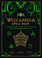 Wiccapedia Spell Deck cover with green and gold design on a black background