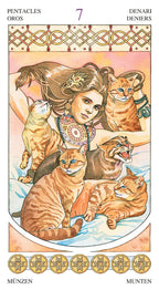 Tarot card featuring a woman with cats and gold coins, labeled 'Pentacles' and 'Denari'.