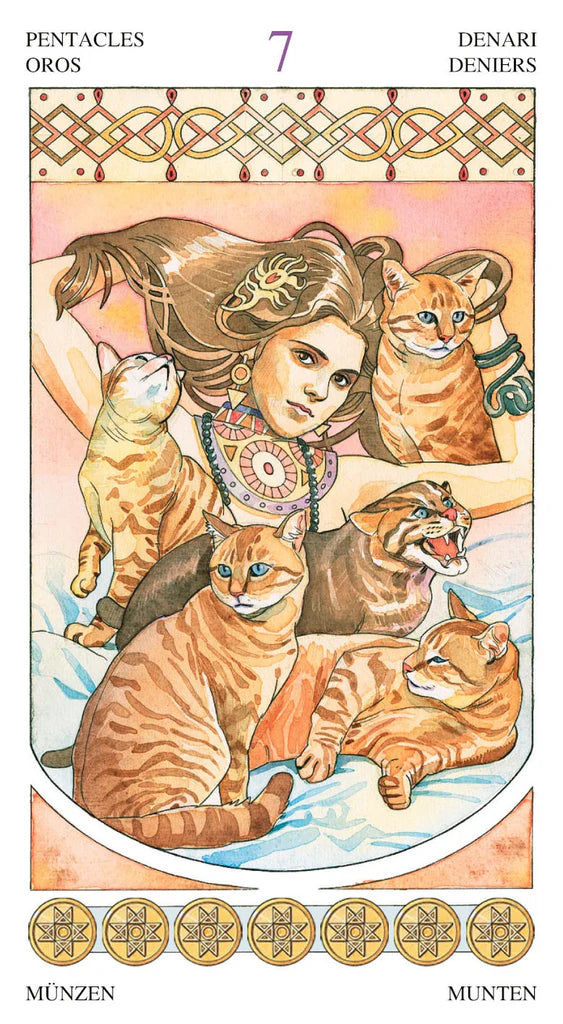 Tarot card featuring a woman with cats and gold coins, labeled 'Pentacles' and 'Denari'.