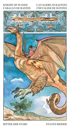 Illustration of a dragon with a person riding it against a blue sky.