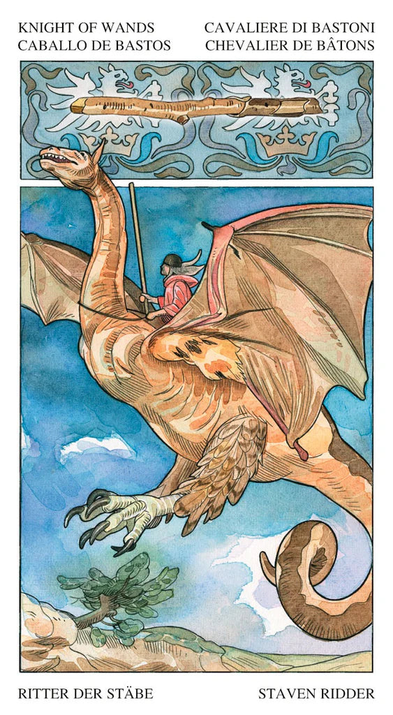 Illustration of a dragon with a person riding it against a blue sky.