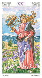Tarot card titled 'The World' with a woman holding an armillary sphere against a mountainous landscape.
