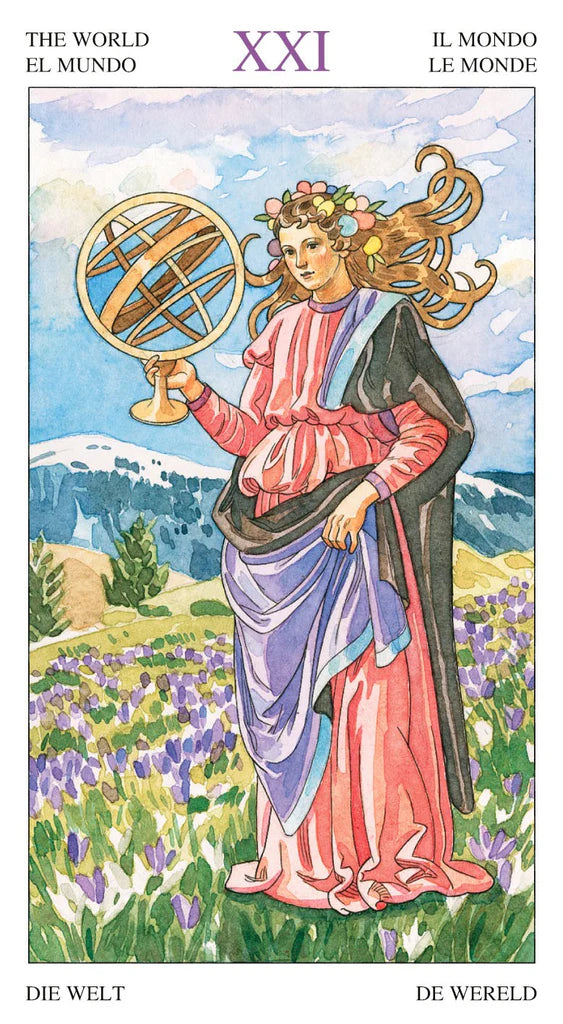 Tarot card titled 'The World' with a woman holding an armillary sphere against a mountainous landscape.