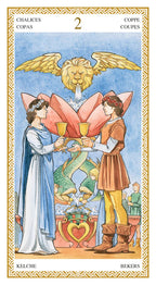 Tarot card featuring two people with a lion and cups, surrounded by decorative elements.