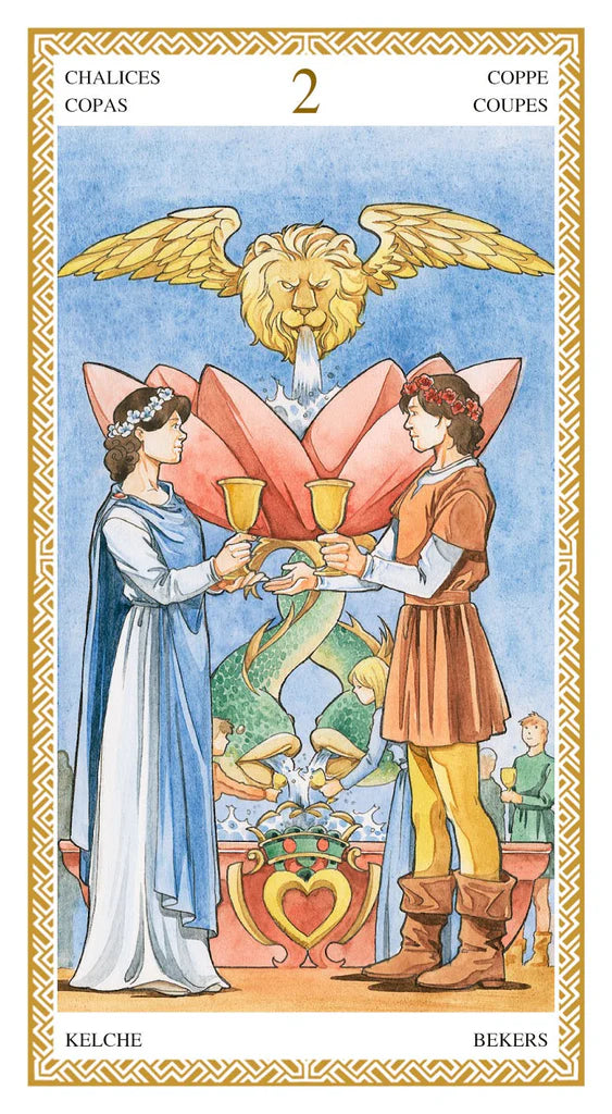 Tarot card featuring two people with a lion and cups, surrounded by decorative elements.