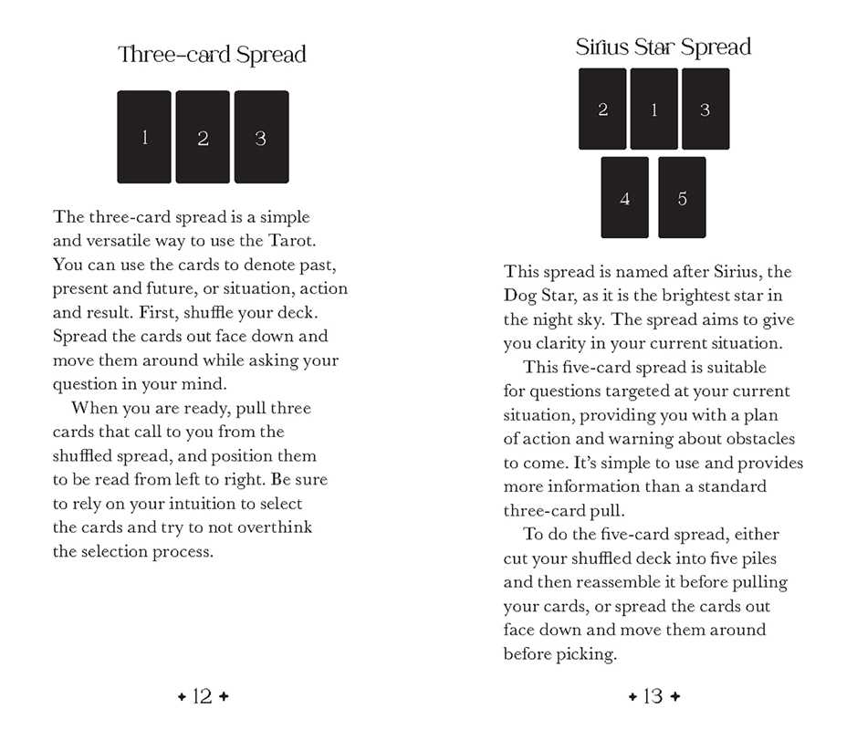 Instructions for a three-card and Sirius Star Spread Tarot card layout on a white background.