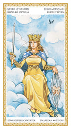 Tarot card featuring a queen holding swords against a cloudy sky background