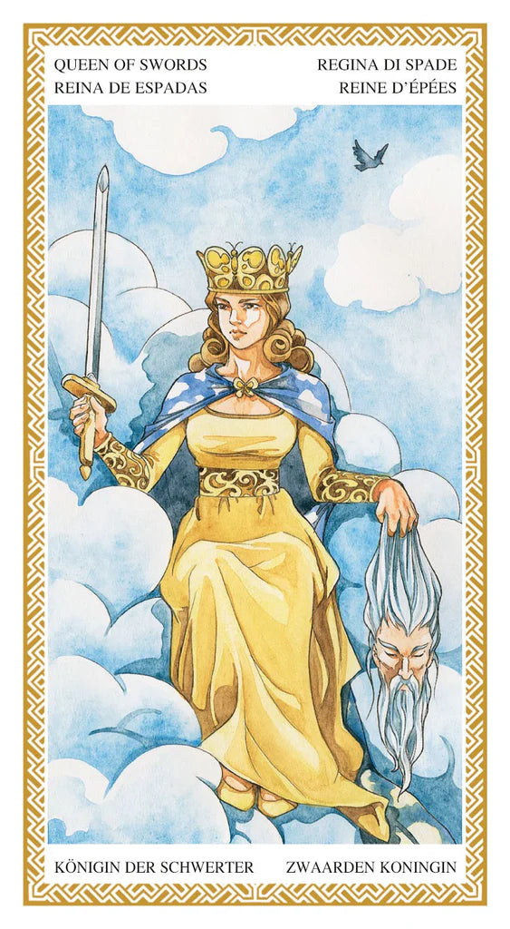 Tarot card featuring a queen holding swords against a cloudy sky background