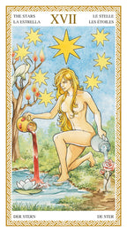 Tarot card featuring a nude woman by a stream with stars above, surrounded by nature elements.