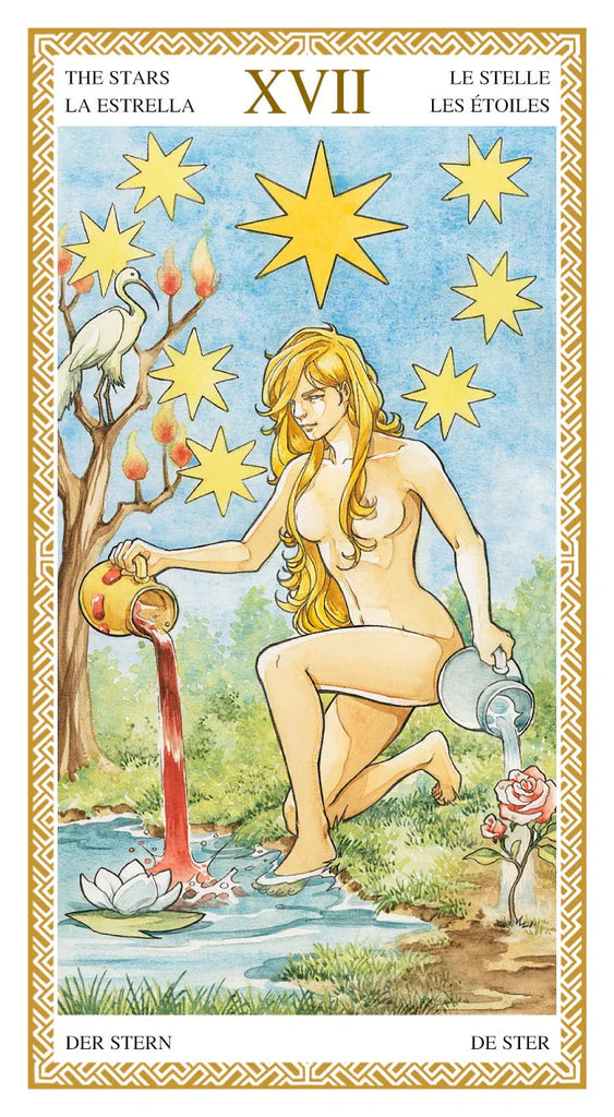 Tarot card featuring a nude woman by a stream with stars above, surrounded by nature elements.