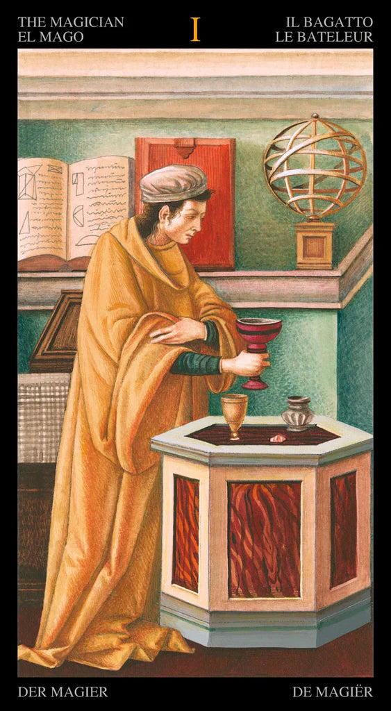 Tarot card featuring a figure in a robe performing an ritual, with text at the top and bottom.