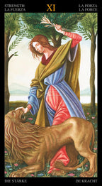 Tarot card featuring a figure with a lion and text in multiple languages