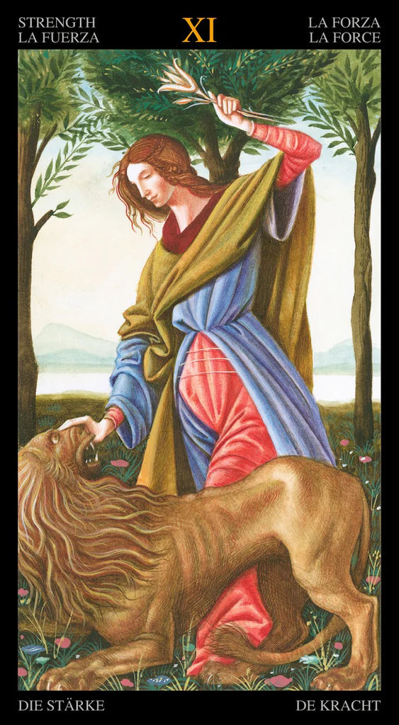 Tarot card featuring a figure with a lion and text in multiple languages