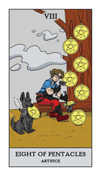 Tarot card titled 'Eight of Pentacles' featuring a person and dog with pentacle symbols.