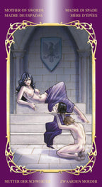 Tarot card featuring a woman being served a head on a platter - Mother of Swords from the Sensual Wicca Tarot
