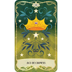 Ace of Crowns tarot card with a gold crown and decorative border on a green background