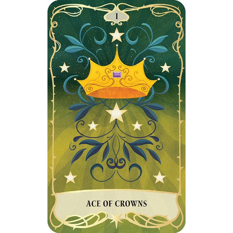 Ace of Crowns tarot card with a gold crown and decorative border on a green background