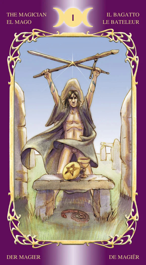 Tarot card featuring a figure holding two swords against a purple background