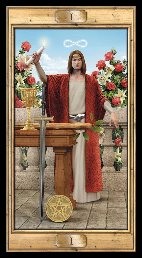 Tarot card with a figure holding a candle, surrounded by flowers and a chalice, on a wooden frame.