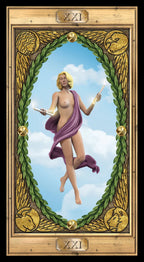 Tarot card with a nude figure holding candles against a blue sky, framed by decorative elements.