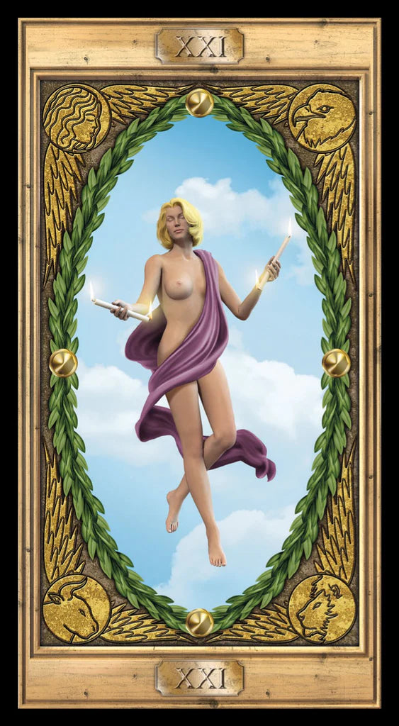 Tarot card with a nude figure holding candles against a blue sky, framed by decorative elements.