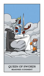 Tarot card featuring the 'Queen of Swords' with a figure holding a sword on clouds.